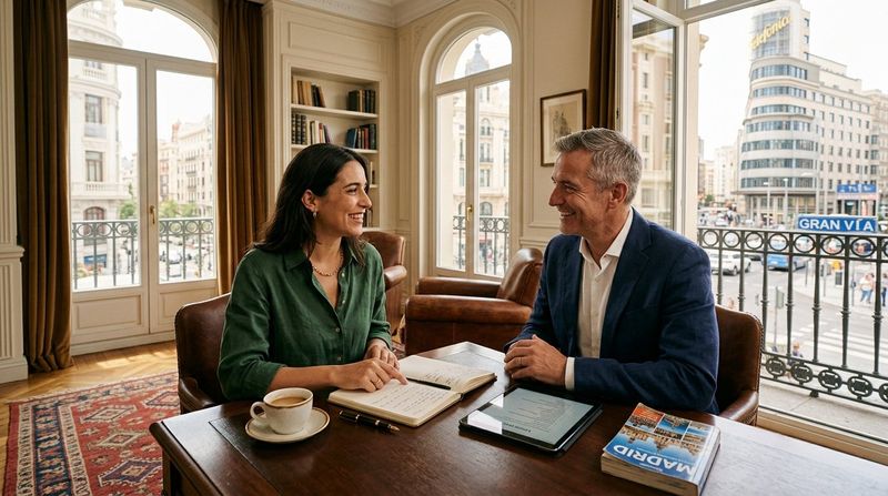 Una profesora y un alumno conversan en español junto a una ventana, con un café y un cuaderno sobre la mesa.