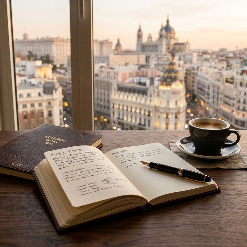Un cuaderno abierto y un café junto a una ventana con vistas a Madrid.