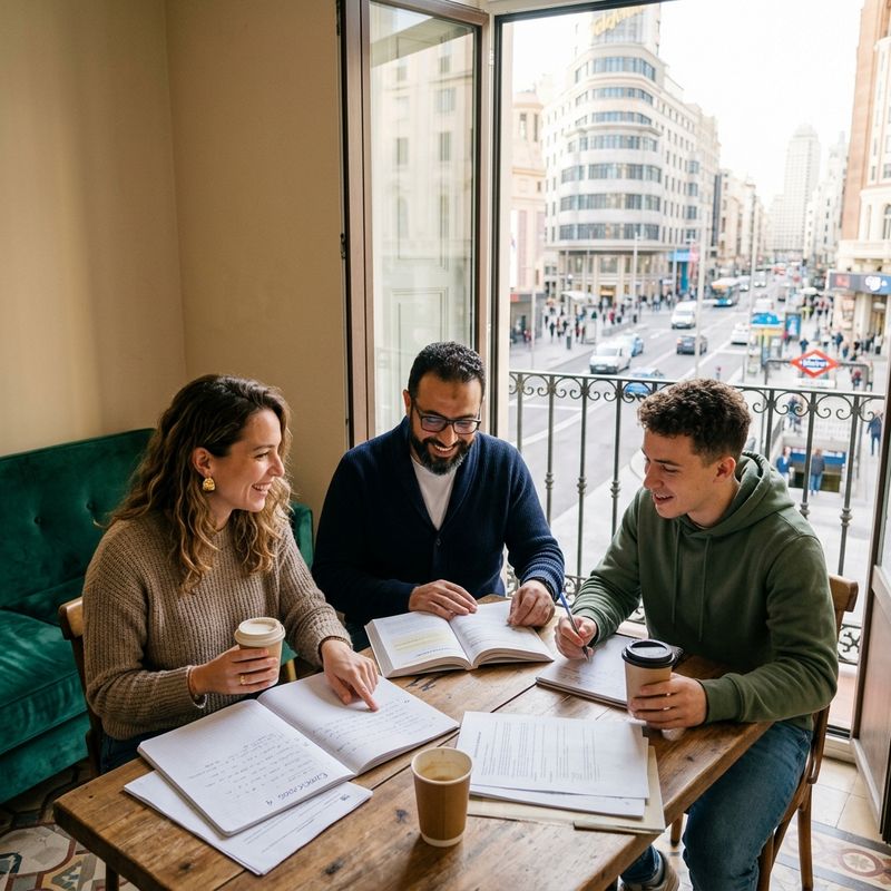 Tres personas estudian juntas junto a una ventana con vistas a la Gran Vía.